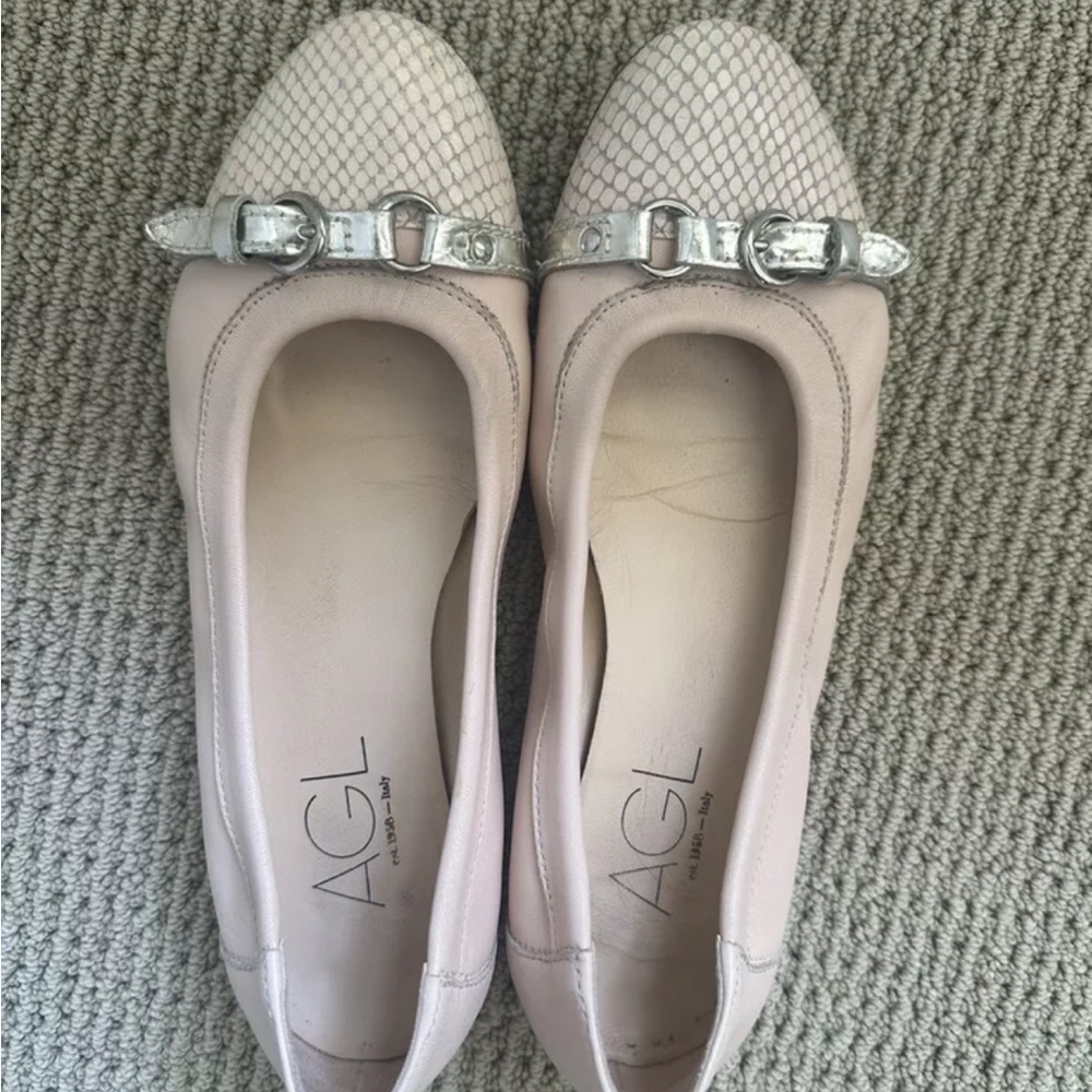 AGL Leather Ballet Flats with Silver Buckle Size 38.5 Pink Blush 8.5 US